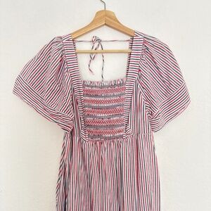 Old Navy Dress Midi Cotton Sleeves Stripes Red White Blue